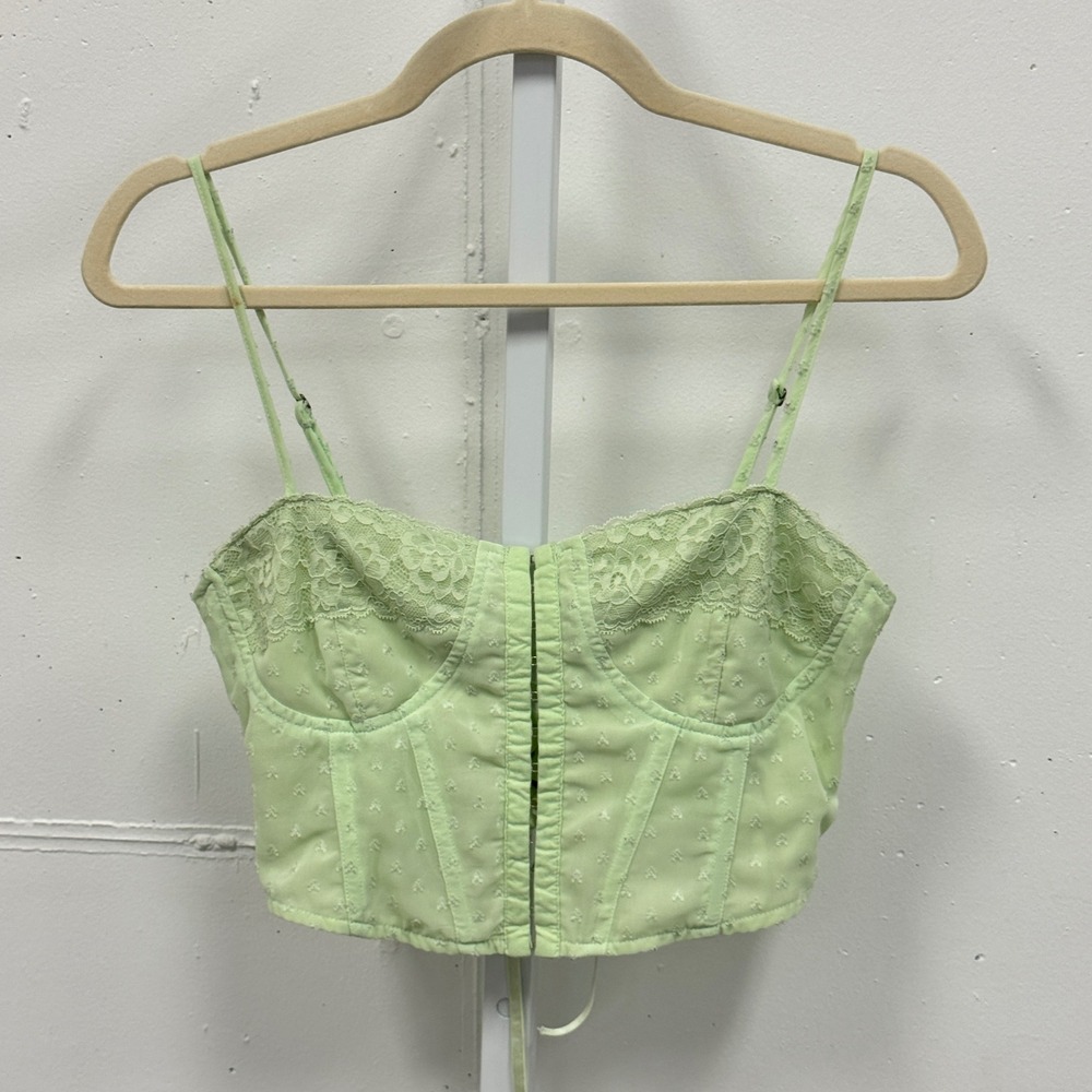 LA Hearts Light‎ Green Lace Trim Corset Crop Top Lace Up Back XS Festival Boho